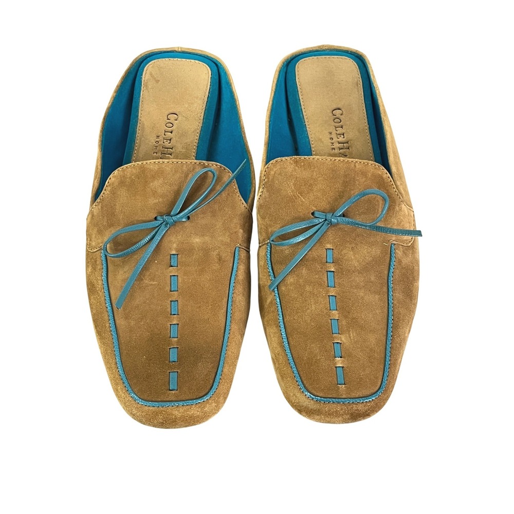 Cole Haan Home Mules Womens 8 Brown Turquoise Suede Bow Square Toe‎ Slippers
